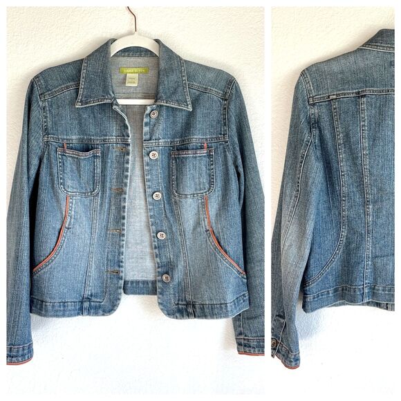 Sigrid Olsen Jackets & Blazers - Sigrid Olsen Y2K Crop Denim Jacket Orange Piping Contrast Trim Size 2 Petite